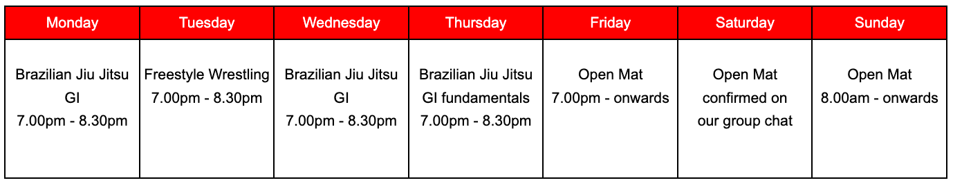Runes Martial Art timetable